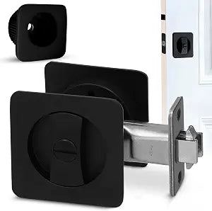 Premium Matte Black Square Pocket Door Lock, Reversible Modern Pocket Door Hardware Design With Pull Handle for Sliding Doors, Bathroom & Bedroom, Fits 1-3/8" to 2-3/16" Thick Doors, 2-3/8" Backset