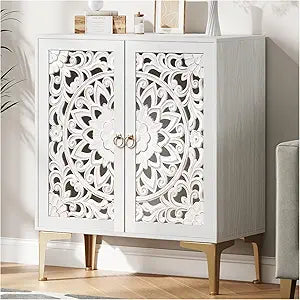 JOINICE 31.5" Accent Storage Cabinet with Carved Doors, White Boho Sideboard for Storage, Coffee Bar Cabinet & Entryway Table with Gold Legs, Decorative Buffet Cabinet for Dining Room, Living Room