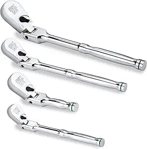 SK 4-Piece Flex-Head Ratchet Set, 1/4", 3/8", 1/2" Drive Ratchet, 90-Tooth, Premium CR-V Construction, Reversible Design, with Contoured Handle
