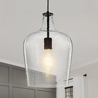 9.3" Blown Glass Pendant Lighting for Kitchen Island,Black Large Pendant Light Fixture with blown Thickened Glass,1 Light Farmhouse Hanging Light for Hallway,Bedroom, Living Room Tall 14 inch