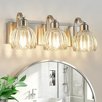3-Light Vanity Lights with Clear Tulip Glass Shade, Brushed Nickel Bathroom Lighting Fixture Over Mirror, Vintage Vanity Wall Sconce Lamp for Kitchen Living Room Hallway