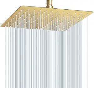 12 inch Brushed Gold Rain Shower Head - All Metal 304 Stainless Steel, Full Body Waterfall Shower with 144 Silicone Nozzles - Square Showerheads Ceiling or Wall Mount Modern Bathroom