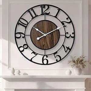 Large Metal Wall Clock, 24 Inch Retro Decorative Silent, Non Ticking, Battery Operated Modern Big Wood Wall Clock for Living Room, Farmhouse, Bedroom, Fireplace, Kitchen, Office, Home Decor