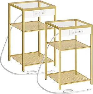 HOOBRO End Tables Set of 2 with Charging Station, Side Tables with USB Ports & Power Outlets, 3-Tier Slim Nightstands with Storage Shelves, Tempered Glass, for Living Room, Bedroom, Gold GD77UBZP201