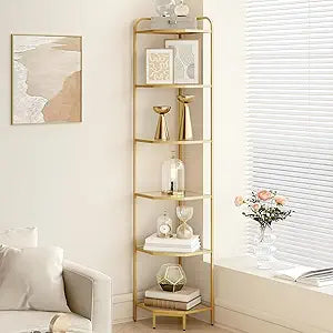 Hzuaneri Corner Shelf Stand, 6-Tier Glass Bookshelf Bookcase, Bathroom Organizer, Plant Stand, Steel Frame, Tempered Glass, Modern Style for Living Room, Bathroom, Kitchen, Golden CS90600G