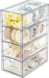 FABROK Clear Hair Accessory Organizer Box with 4 Drawers, Plastic