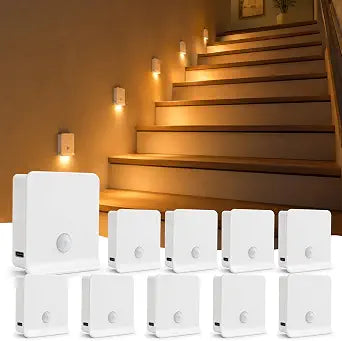 10 Pack Rechargeable Stair Lights Indoor, Motion Sensor Stairway Lights Indoor with 3000K Soft White, Wireless Closet Lights with Magnetic Mount, Portable LED Night light for Hallway, Cabinet, Bedroom