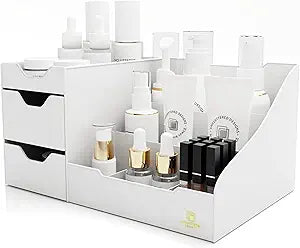 Uncluttered Designs Large Makeup Organizer for Vanity - Countertop Desk With Drawers for Cosmetic, Beauty, Hair, Nail, Perfume & Skincare - Perfect for Bathroom & Bedroom Storage (White)
