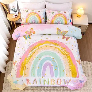 NTBED 5Pcs Twin Rainbow Comforter Set Kids Girls Butterfly Bedding