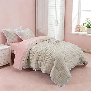 Holawakaka Ruffle Gingham Comforter Set Twin for Girls, Pink Bow Green Plaid Bedding Set with Sheets, 5 Pieces Vintage Cottagecore Checkered Bed in A Bag for Kids Teen-Girls