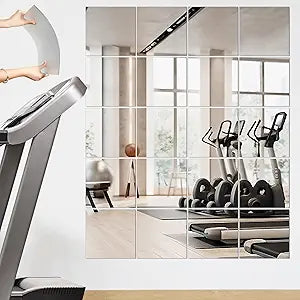 Queekay 20 Pcs Home Gym Mirrors 12'' x 12'' Mirror Tiles Self Adhesive Workout Frameless Acrylic Wall Mirror 2mm Thick Wall Mounted Mirror Sheets Mirror Trays for Wedding Table Centerpieces