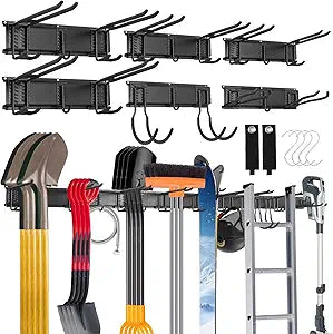 Sinoer Tool Organizer Wall Mount, 96 Inch Garage Storage Wall Organizer, Garden Tool Storage Rack with 18 Hooks+ 4 S-hooks & 2 straps - suitable for ski equipment, shovels, rakeschairs