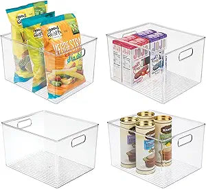mDesign Plastic Storage Organizer Container Bin for Kitchen Organization in Pantry, Cabinet, Countertop Fridge, Refrigerator, and Freezer - Hold Food, Drink, or Snacks, Ligne Collection, 4 Pack, Clear