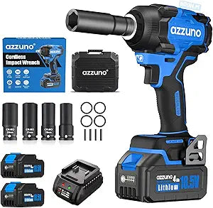 AZZUNO Brushless 1/2 inch Electric Cordless Impact Wrench, 800N.m (590 Ft-lbs), High Torque Electric Wrench, 2x 4.0Ah Battery, Charger & 4 CR-V Sockets, Tool Case