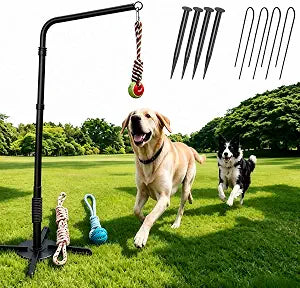 Tether Tug Outdoor Dog Rope Toy, 360 Rotating Adjustable Height Tether System with Dual Ground Stakes (Heavy & Light) and 3 Toys for Yard Self-Play & Interactive Exercise