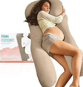 Frida Mom Full Body Support Pregnancy Pillow, Cooling Pregnancy Pillow, Wraps Around for All Over Support, Extended Length to Support from Head to Toe, Easy to Clean, Compact Storage Bag, Taupe