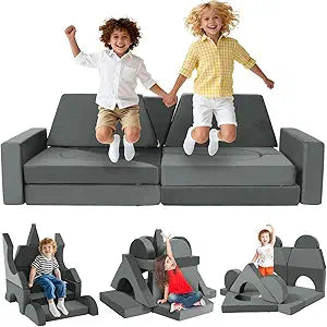 15pcs Modular Kids Play Couch Set Children Section Sofa Kids Convertible Toddler Couch for Children Bedroom Playroom Living Room (Dark Gray)