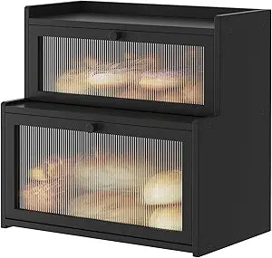 Double Layer Bamboo Bread Box for Kitchen Counter,Bread Holder,Countertop Bread Storage with Window (Black)