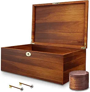 LUSH & STYLE Large Memory Box For Keepsakes Acacia Wood, Decorative Boxes With Hinged lid and locking key, Memory treasure Wood Trunk, Wooden Storage Box, Wooden Gift Chest. Size: 11x9x5 Inch