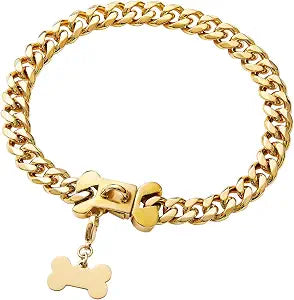 15mm Wide Strong Stainless Steel Bone Style Buckle Gold Dog Chain Collar,18K Gold Plated Cuban Link Chain Big Dog Necklace Collar for Large Dogs - 24''