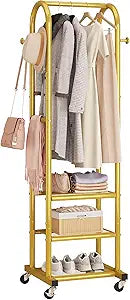 Dttwacoyh Hall Tree with Hanging Hooks,Gold Metal Decorative Freestanding Garment Rack on Wheels,3-in-1 Narrow Entryway Storage for Small Space,Suitable for Hallway,Bedroom and Bathroom,Gold