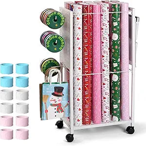 Wrapping Paper Cart - Gift Wrapping Paper Organizer Storage, Rolling Gift Wrap Storage Stand, Ribbon Organizers, 12 PCS Slap Bracelets