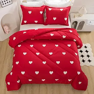 Caressma Love Queen Comforter Set - Romantic White Heart Print Red Bedding Comforter 3 Pieces Matching Pillowshams