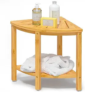Bamfan Bamboo Corner Shower Bench Waterproof Stool with Space-Efficient Storage Shelf - Shower Stool Seat for Indoor or Outdoor Use