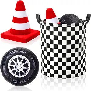 Lewtemi 3 Pcs 3D Wheel Pillow Simulation 15.7" Cars Tire Traffic Cone Plush Cushions Racing Themed Room Decor with Storage Laundry Basket Creative Toy Gift for Birthday Party Bedroom Decoration