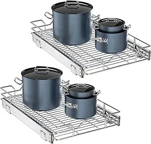 OCG Pull Out Cabinet Organizer 2 Pack (15" W x 21" D), Pull out Shelves 1 Tier, Cabinet Slide Out Shelves for Base Cabinet Organization in Kitchen Bathroom Pantry, Bottom Mount, Chrome Finish