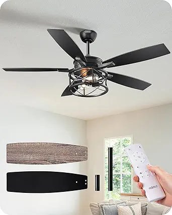EDISHINE 42 Black Farmhouse Ceiling Fans with Lights, Remote Control, Dimmable, 6 Speeds, 5 Wood Blades, DC Reversible Motor, Timer, Noiseless, Small Rustic Fan for Bedroom Living Room Kids Room
