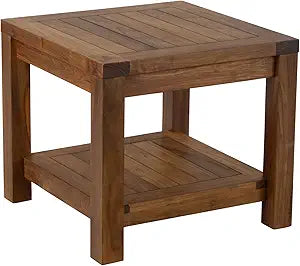 Teak Wood Side Table with Storage - Teak Oil Finish Indoor and Outdoor Wooden Furniture for Deck, Porch, Balcony, Living Room, Bedroom and Backyard (18" D x 18" W x 16" H)