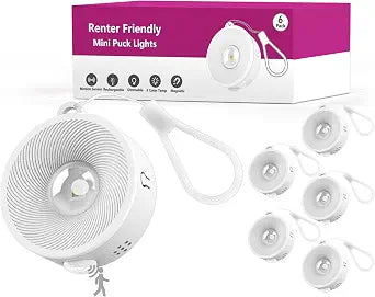 2" Rechargeable Mini Puck Lights, Magnetic Motion Sensor Light, 6Pack White