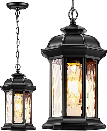 VIANIS Outdoor Pendant Lights for Porch Lantern, Black Exterior Hanging Lights Fixtures with Adjustable Chain, Modern Outside Hanging Lighting with Water Glass for Front Porch, Yard, Gazebo