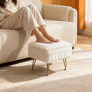 Small Foot Stool with Storage & Gold Metal Legs, Small Ottoman Foot Rest Under Desk for Couch, Chair, White Furry with High-Density Resilient Sponge