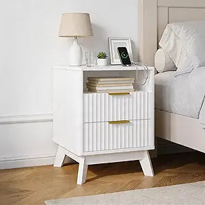 Takywep Fluted Nightstand with Charging Station, 18" Wood Bedroom Storage End Table, 2 Drawers & Open Cubby, 2 USB & AC Outlets, Modern 6 Inch Legs Side Table for Small Space, White