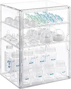 ERTIUANIO Baby Bottle Organizer  3 Tier Bottle Storage Organizer Baby for Nipples, Pump Parts, Food Jars  Clear Acrylic Bottle Station Organizer for Countertop and Kitchen, Gifts for New Mom