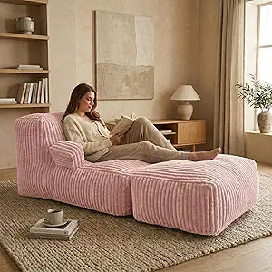 Bean Bag Chair - Plush Faux Fur Floor Seating Furniture Bean Bag Chair for Living Room, Bedroom, Playroom (6FT Stripe Pink with Armrests & Footrest)