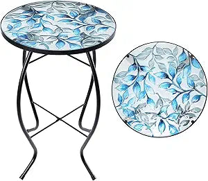 MUMTOP Side Patio Tables-Mosaic Outdoor Side Table - 14 Blue and Transparency Leaf Glass Accent Round EndTable, Plant Stand Indoor Small CoffeeTable for Garden or Living Room Decor