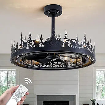 25'' Farmhouse Ceiling Fan with Light and Remote, Rustic Light Fixtures with Adjustable Height, Black Chandeliers for Living Room,Bedroom,Hallway, Entryway Lighting.