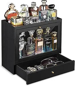 Emfogo Cologne Organizer for Men, Solid Wood Perfumes Organizer for Men Dresser, Large Capacity Dustproof Cologne Holder with Drawer Storage Perfume Stand Organizer, Ideal Gift for Loved ones