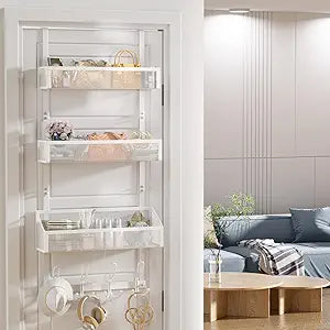Over Door Hook Organizer 12 Hook Over The Door Organizer with 3 Mesh Baskets - Back of Door Storage Towel Rack Space Saving Storage Organizer for Bedroom, Bathroom, Kitchen, Pantry, White