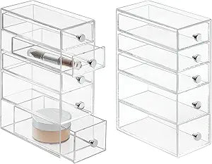 iDesign Stackable Makeup Organizer for Bathroom Countertop or Vanity-Set of 2-Clear Tower-5 Drawer M2