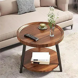 Small Round Side Table, 2-Tier Mid Century Modern Side Table, Round End Table Small End Table for Living Room, Metal Frames, Brown