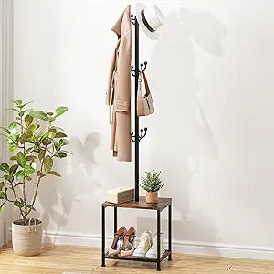 Coat Rack Freestanding, Hat Rack Hall Tree with Bench and Shoe Storage, 3-in-1 Coat Hanger Purse Rack Bag Rack Coat Tree Clothes Tree, Vintage Entryway Corner Coat Rack with Shoe Storage
