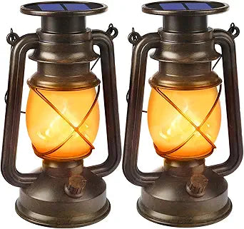 Wondrastical Solar Lanterns Outdoor Waterproof, 2 Pack Flickering Flame LED Hanging Lantern, Bronze Vintage Solar Powered Decorative Lights for Patio Porch Garden Yard Pathway Camping