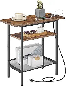 HOOBRO Side Table, Narrow End Table with Shelf, Charging Station, Wide Storage Tabletop, 3-Tier Bedside Tables for for Small Spaces, Living Room, Bedroom, Rustic Brown and Black BF366UBZ01