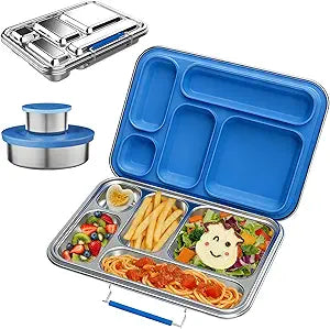 Stainless Steel Bento Box for Adults, 31.6 oz Leakproof 5-Compartment Metal Lunch Box with 2 Sauce Containers, BPA-Free Food Container for Work Office Picnic, Dishwasher Safe Blue