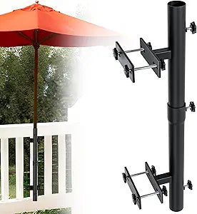 Heavy-Duty Patio Umbrella Holder for Deck Railing - Stainless Steel Windproof Outdoor Patio Umbrella Base and Mount Brackets Attachable to Railing, Fits Pole 1.6'' & Post <3.3" - Space Saving, Black