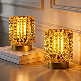 Battery Operated Lamp with Timer, Mini Crystal Table Lamps for Home Decor, Small Cordless Lamp for Areas No Outlets, Glass Battery Powered Lamps for Entryway, Bedroom, Bathroom, Shelf (2 Yellow)